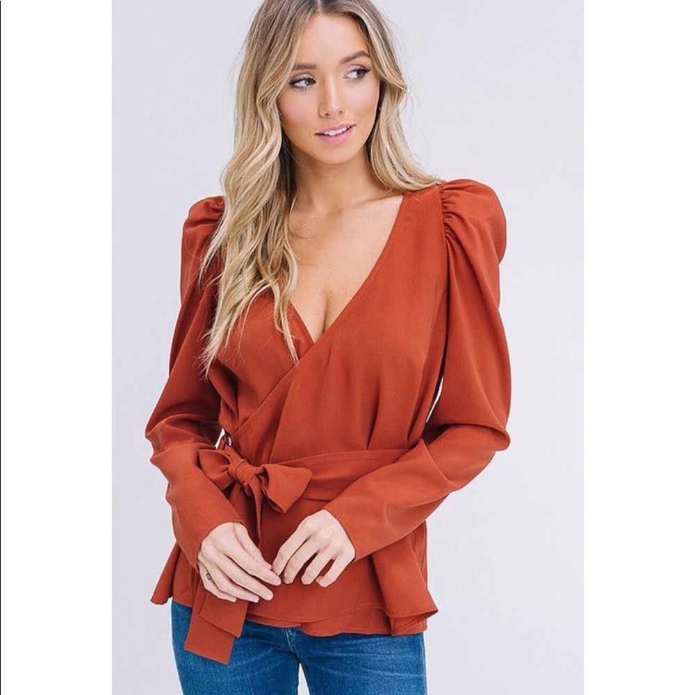Brick V-Neck Wrap Puff Shoulder Top
